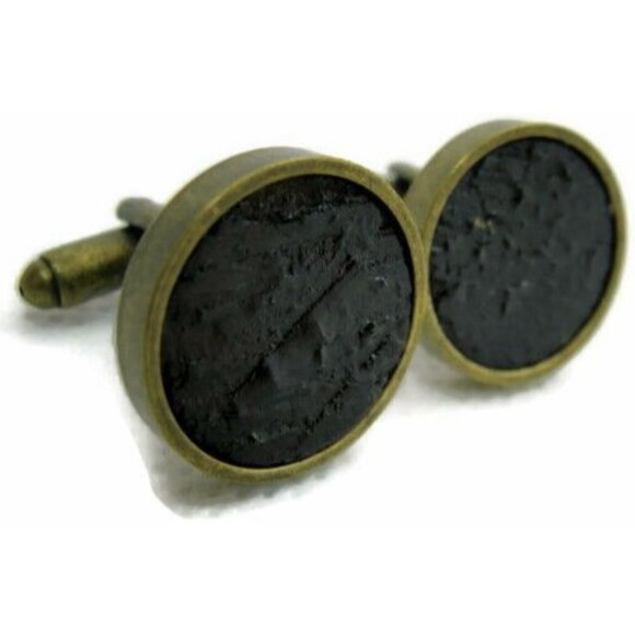 Textured Black Cuff Bullet Round 1" x 3/4" Antique Gold-Tone Base Men Cufflinks - Picture 2 of 10